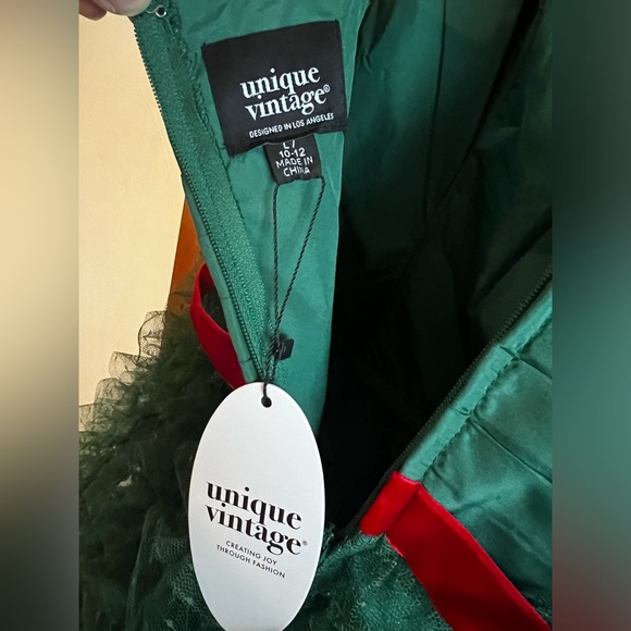 NWT Unique Vintage Emerald Green & Red Ribbon Tulle Cupcake Swing Dress, size L - Picture 9 of 10